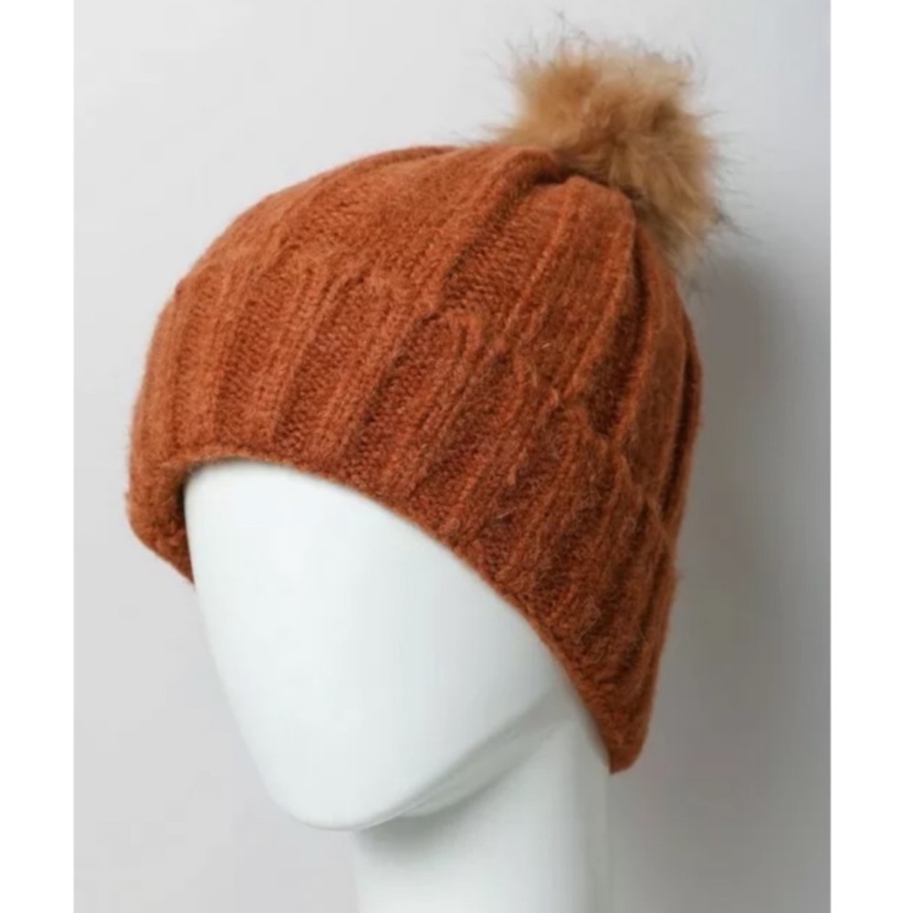 Rust Soft Faux Fur Pompom Beanie Winter Hat - Picture 3 of 3